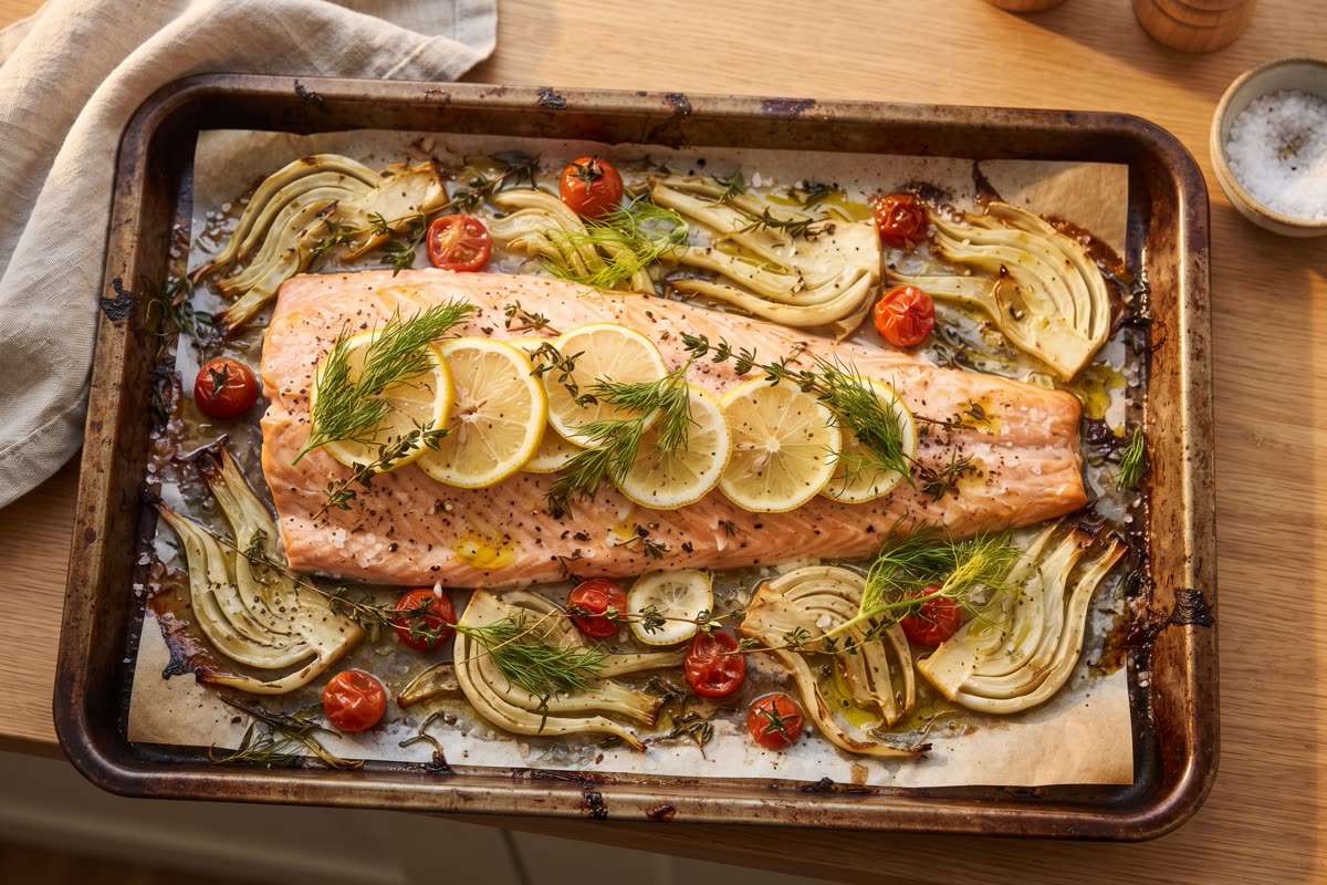 Ofenlachs mit Zitrone und Kräutern auf einem Blech