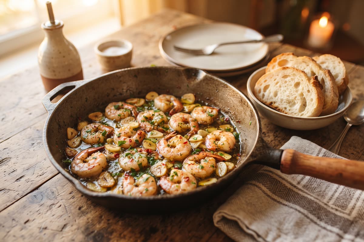 Pfanne mit Knoblauchgarnelen und Petersilie
